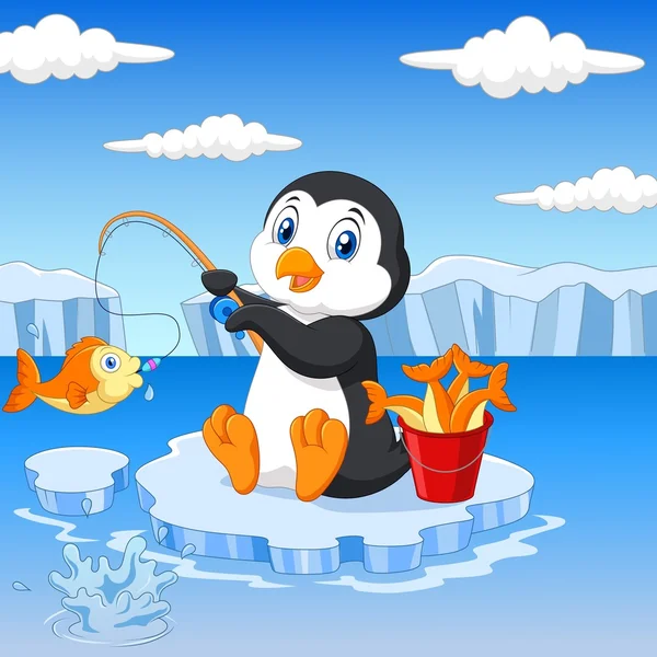 Kreslený tučňák rybaření na ledu — Stockový vektor