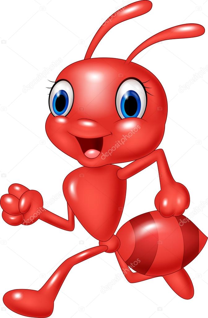 Cartoon happy red ant running isolated on white background