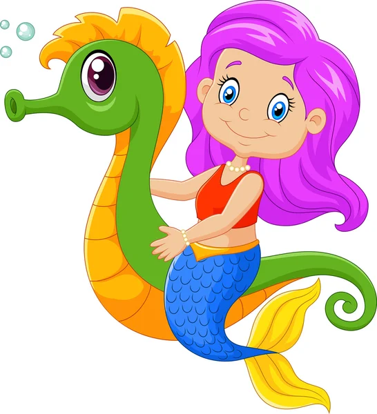 Cartoon happy mermaid swimming with seahorse — Stock Vector