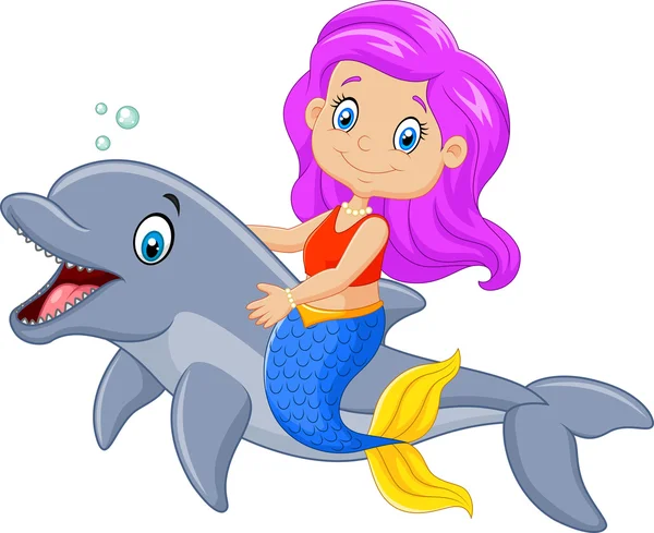 Cartoon funny mermaid swimming with friendly dolphin — Stock Vector