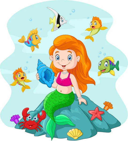Happy little mermaid holding seashell the rock surrounded by fishes — Stock Vector