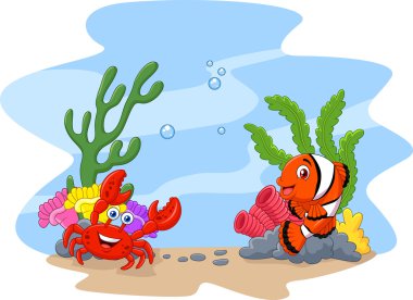 Çizgi film palyaço balığı ve yengeç ağıl ve şakayık arka planlı