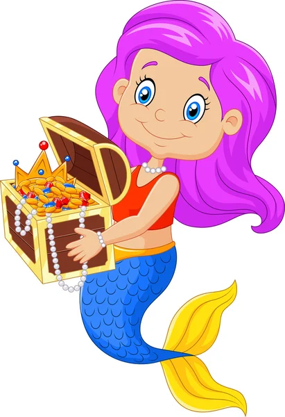 Cartoon happy mermaid holding treasure chest — Stock Vector