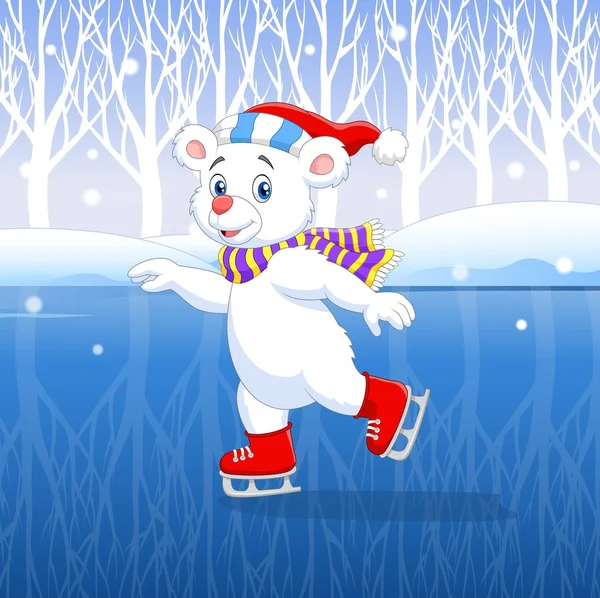 Bonito desenho animado polar urso patinação no gelo com fundo de inverno — Vetor de Stock