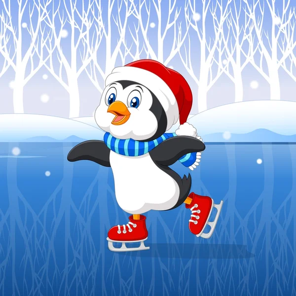 Cute cartoon penguin doing ice skating with winter background — Stock Vector