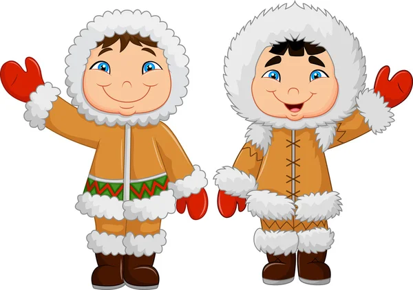 Karikatur glücklich eskimo Kinder winken Hand — Stockvektor