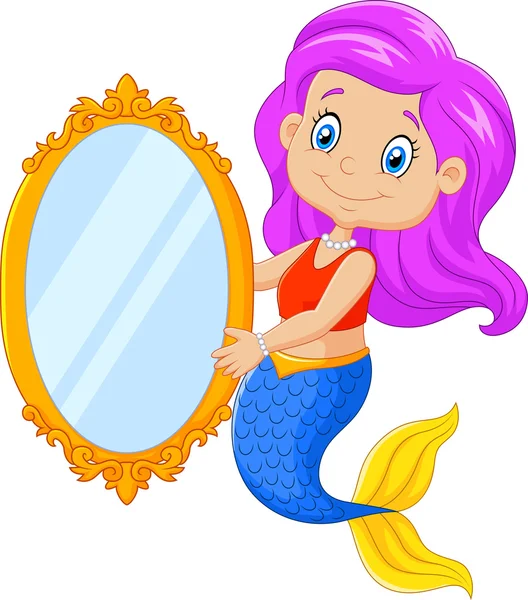 Cartoon funny mermaid swimming holding a classic mirror — Stock Vector