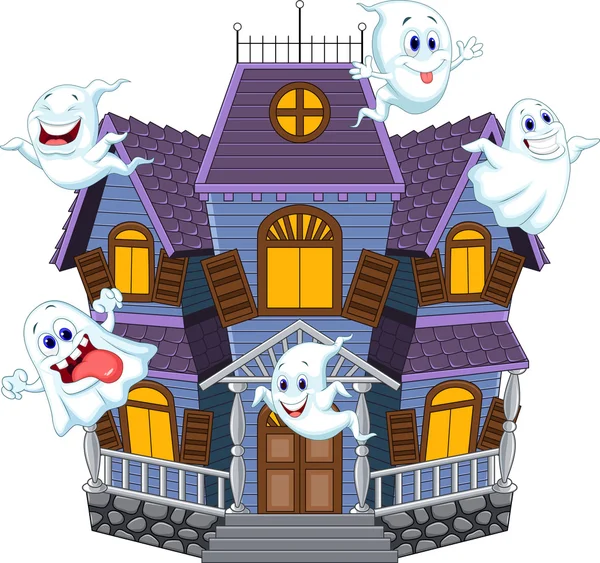 Cartoon effrayant maison d'Halloween avec fantômes drôles — Image vectorielle