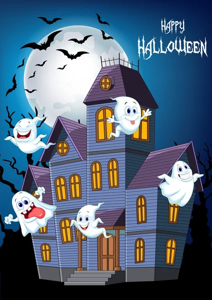 Cartoon scary Halloween house with funny ghosts — Stock Vector