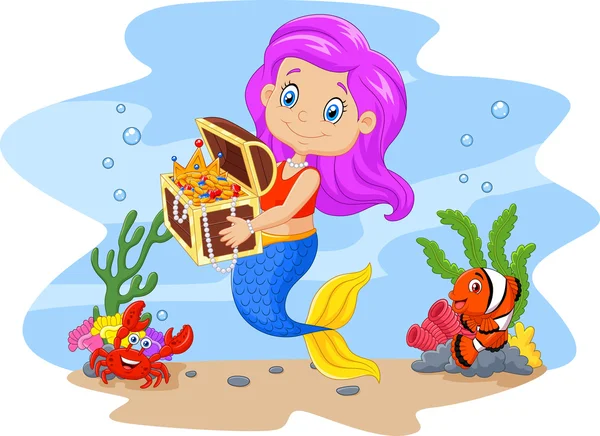 Cartoon funny mermaid holding treasure chest with underwater background — Stock Vector