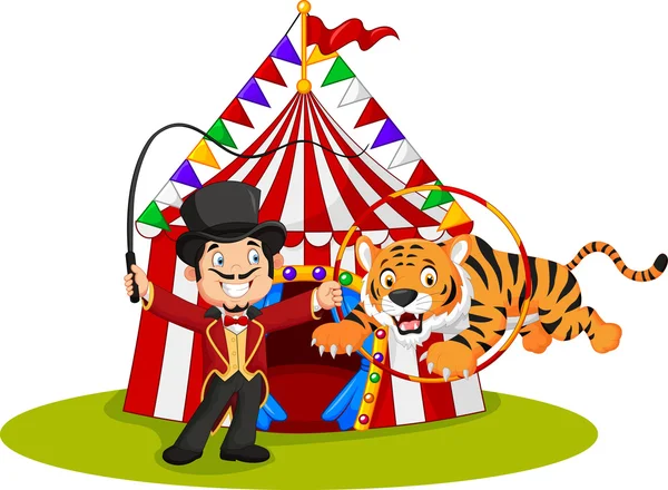 Мультяшный тигр, прыгающий через кольцо на фоне цирковой палатки — стоковый вектор