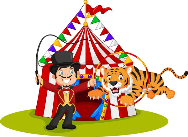 Cartoon tiger jumping through ring with circus tent background — Stock Vector