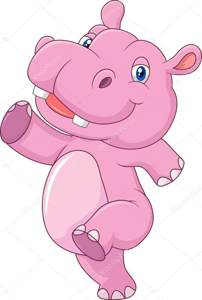 Cartoon cute baby hippo running and happy