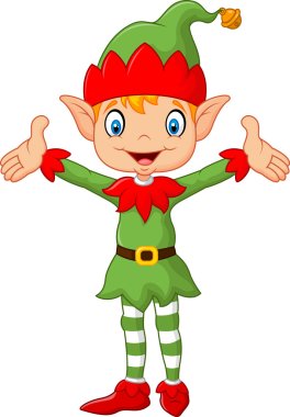 Cute green elf boy costume hands up . isolated on white background clipart