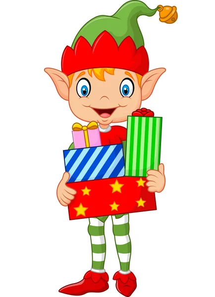 Traje de niño elfo verde feliz celebración de regalos de cumpleaños — Vector de stock