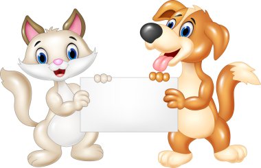 sevimli kedi ve köpek boş işaret tutan