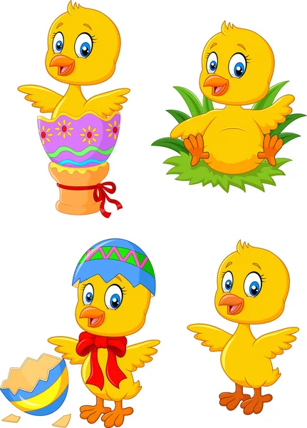 Lindo divertido bebé de pollo con huevo de Pascua colección conjunto — Archivo Imágenes Vectoriales