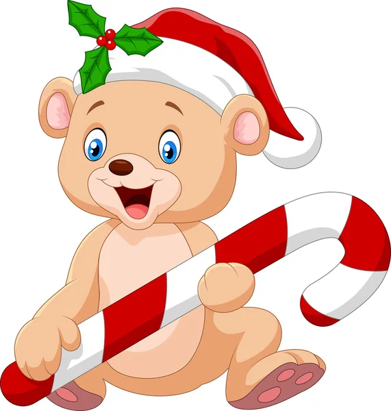 Cartone animato divertente bambino orso tenendo caramelle di Natale — Vettoriale Stock