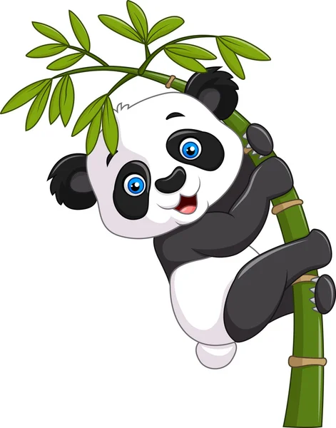 Lindo divertido bebé panda colgando en un árbol de bambú — Vector de stock