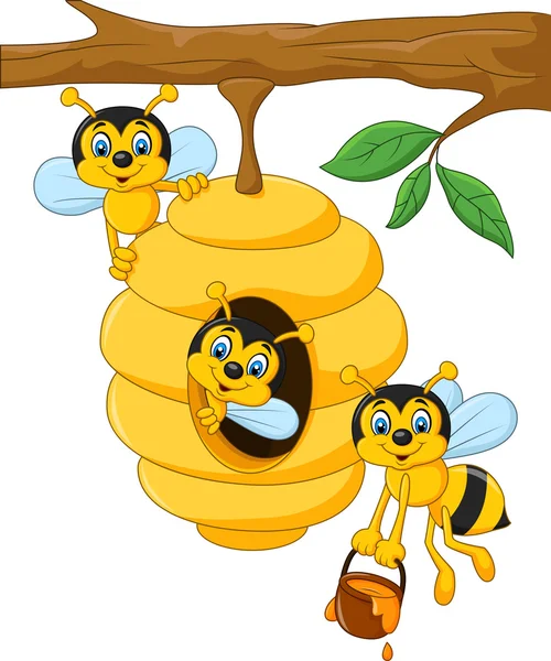 Cartoon branch of a tree with a beehive and a bee — Stock Vector