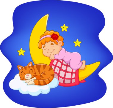 Sevimli küçük kız ile ayda uyuyan kedi
