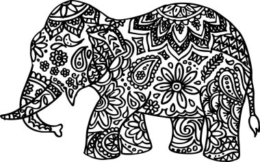 Siyah ve beyaz elle çizilmiş doodle fil