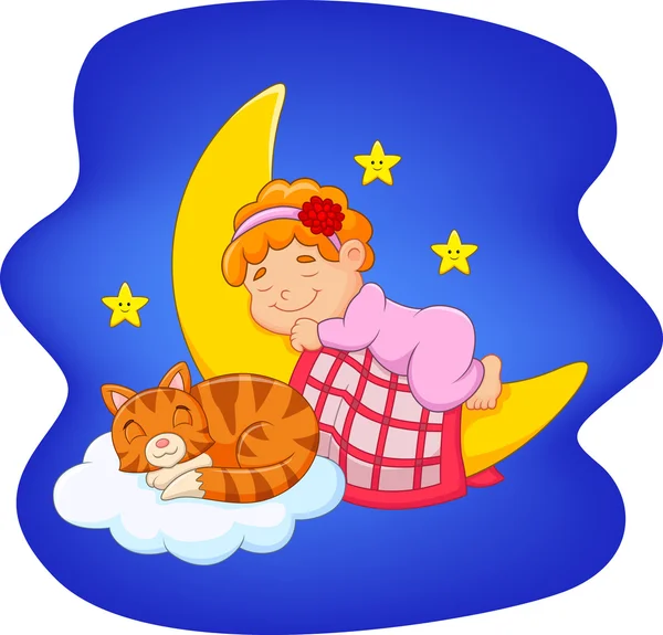 Cute little girl with cat sleeping on the moon — Stock Vector