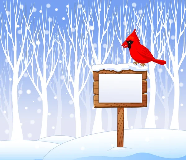 Dibujos animados pájaro cardinal en el signo en blanco con fondo de invierno — Archivo Imágenes Vectoriales