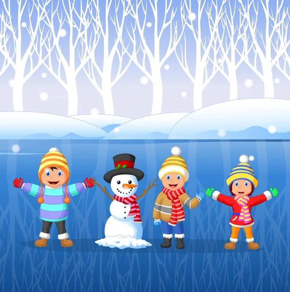 Cartoon kids playing on snow in winter time — Stock Vector