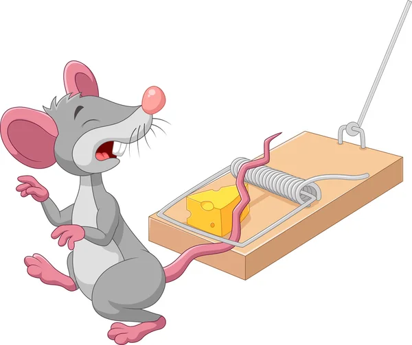 Souris dessin animé dans un piège à souris isolé sur fond blanc — Image vectorielle