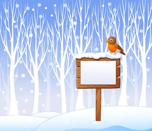 Dibujos animados robin pájaro en el signo en blanco con fondo de invierno — Archivo Imágenes Vectoriales