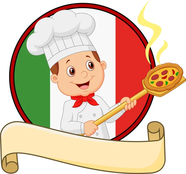 Cartoon pizza chef tenant un peal de chargement de pizza — Image vectorielle