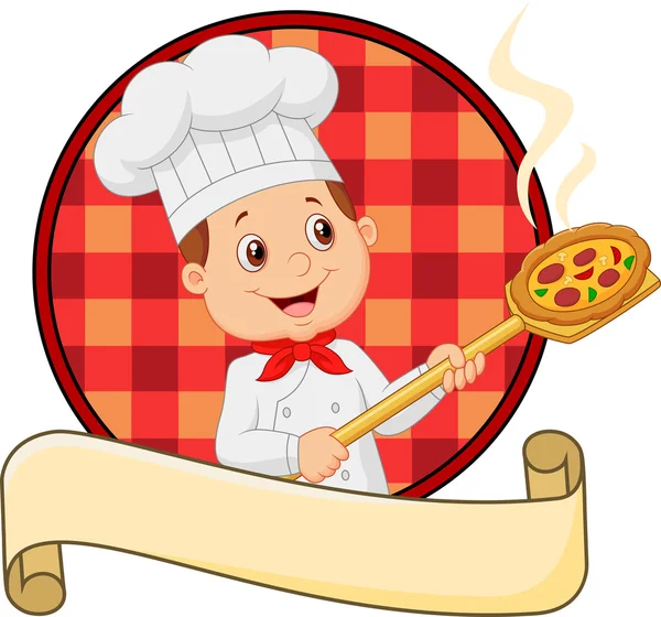 Chef de pizza de desenhos animados segurando um peal de carregamento de pizza — Vetor de Stock