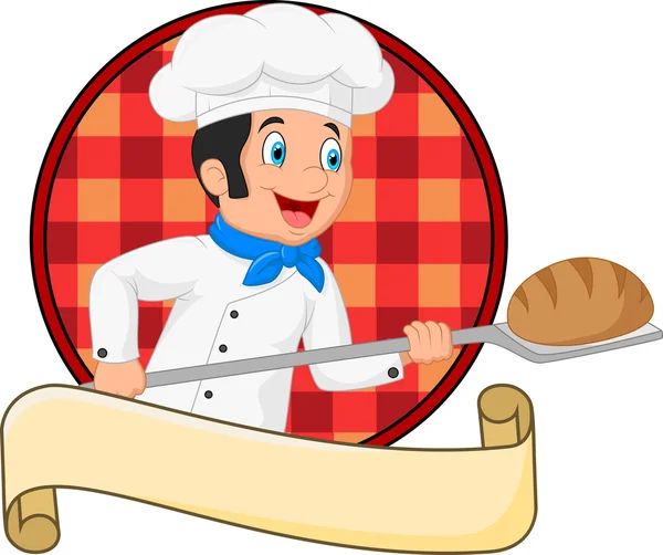 Γελοιογραφία baker κρατώντας εργαλείο φλούδα αρτοποιείο με ψωμί — Διανυσματικό Αρχείο