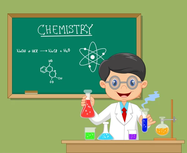 Cartoon scientist boy in lab coat with chemical glassware — Stock Vector