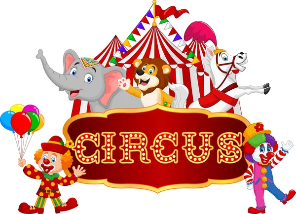 Cartoon animal circus and clown with carnival background — Stock Vector