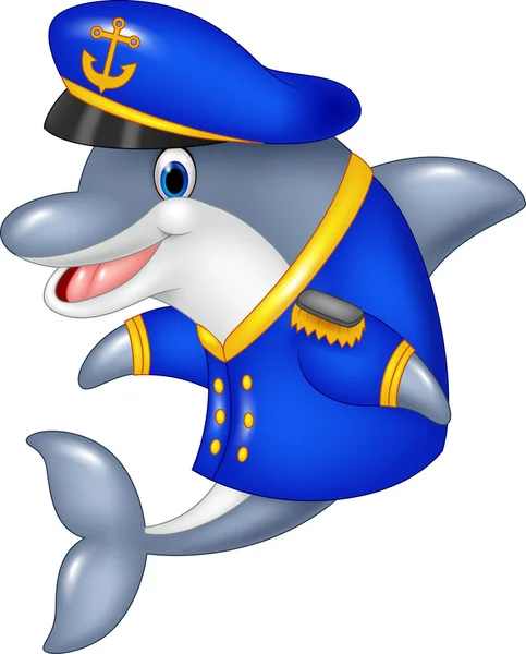 身穿船长制服的卡通滑稽海豚 — 图库矢量图片