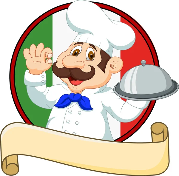 Dessin animé drôle Chef italien dessin animé tenant plateau avec ok signe — Image vectorielle