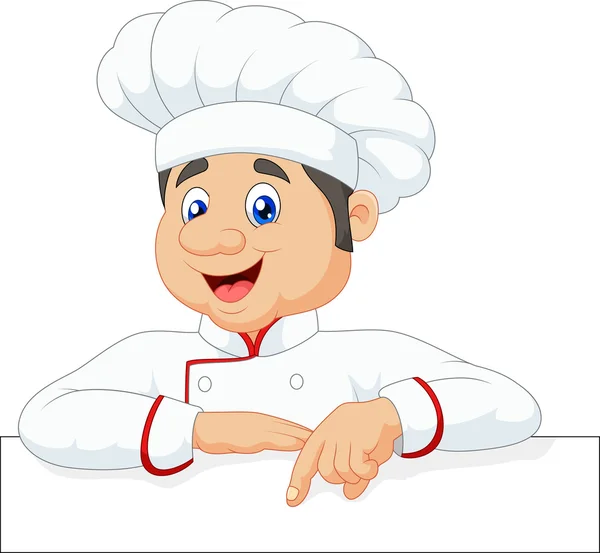 Caricatura chef cloche apuntando a la señal en blanco — Vector de stock