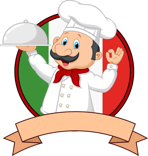 Zabawny włoski kucharz kreskówka gospodarstwa talerz z ok znak — Wektor stockowy