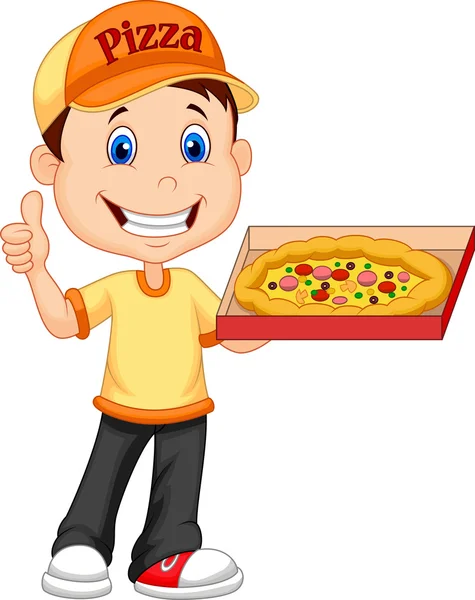 Desenhos animados entregar menino com pizza isolada no fundo branco —  Vetores de Stock