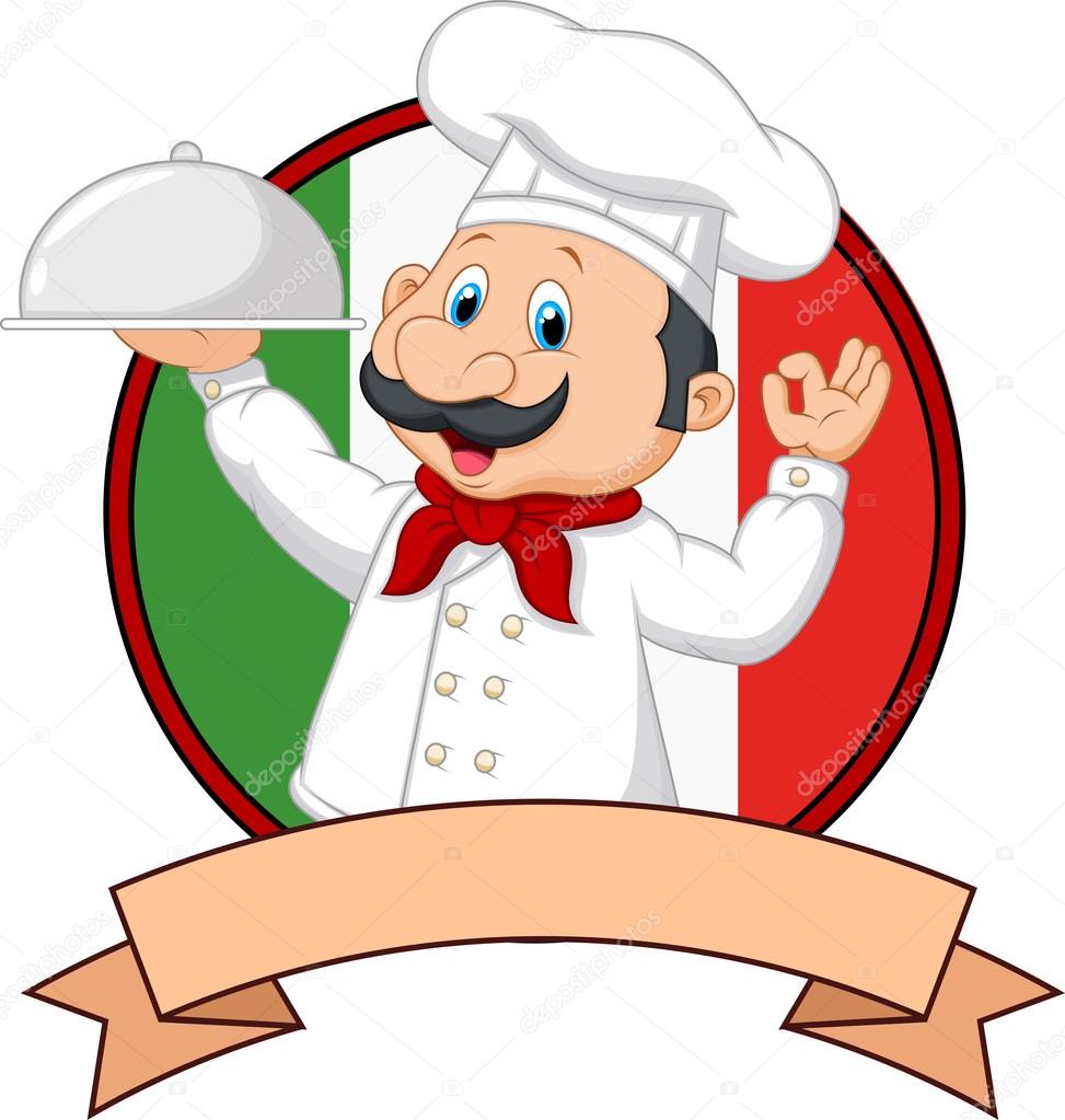 Cartoon funny Italian Chef cartoon holding platter with ok sign