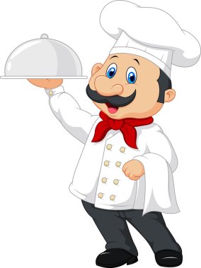 Cartoon happy chef holding a silver platter