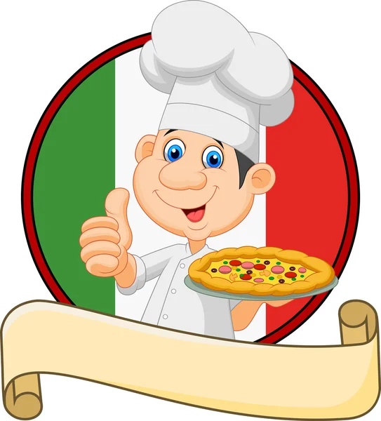 Chef de dibujos animados sosteniendo una pizza y dando un pulgar hacia arriba — Vector de stock