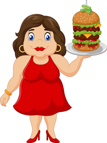 Cartoon overweight woman holding fast food — Stock Vector