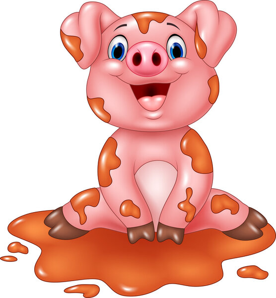 Cartoon pig play in a mud puddle