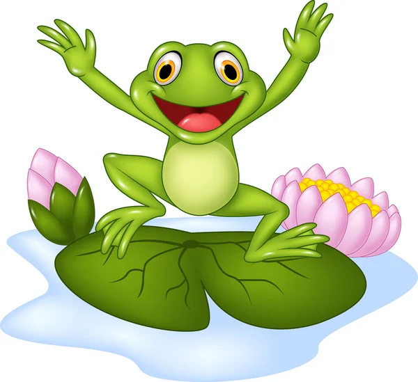 卡通快乐青蛙跳上水百合 — 图库矢量图片