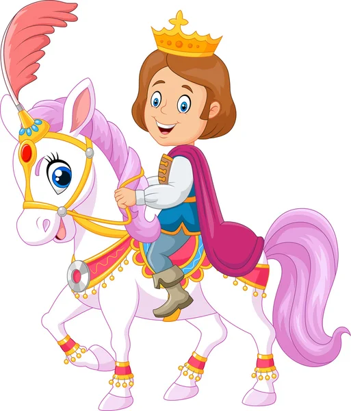 白い背景で隔離の馬に乗って漫画ハンサムな王子 — ストックベクタ