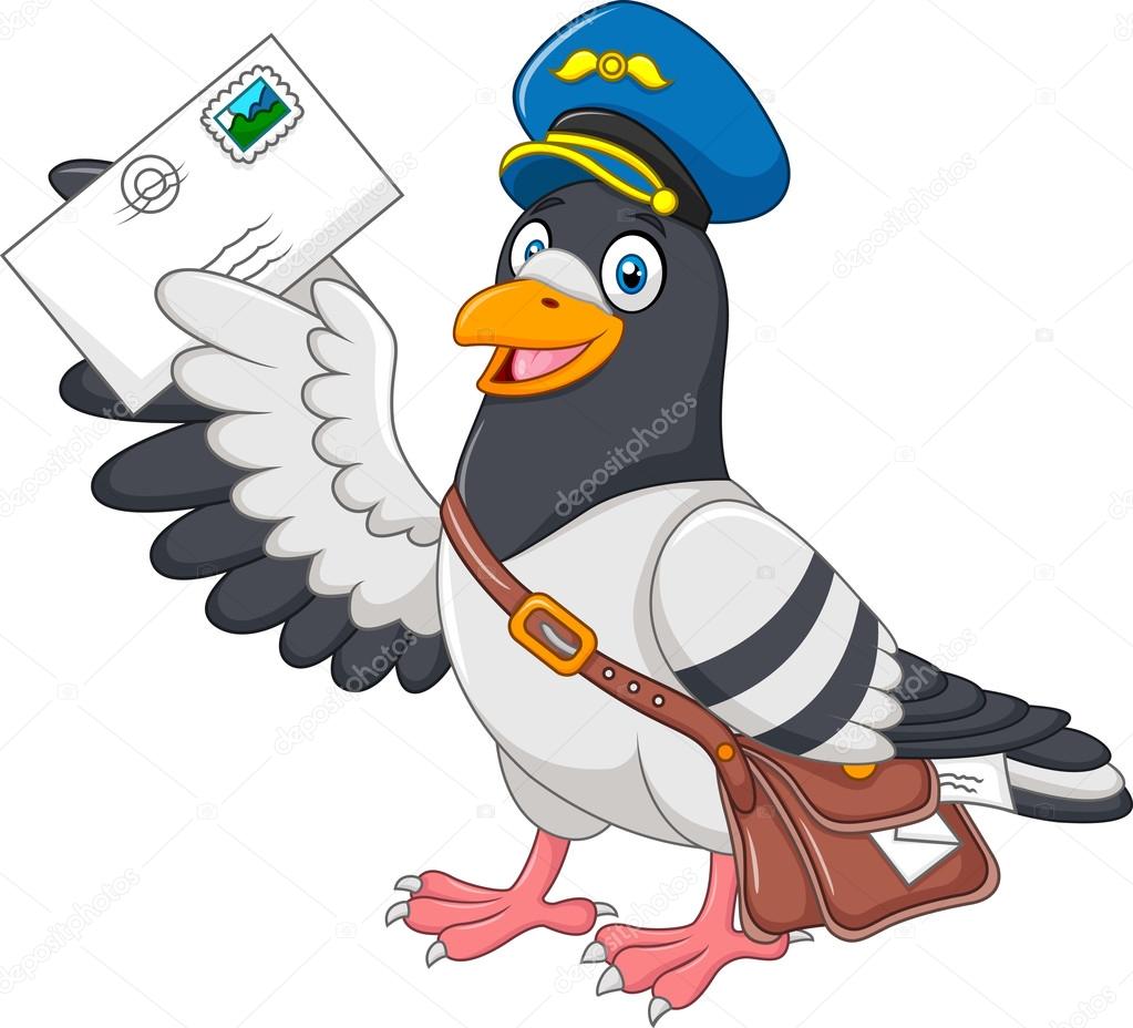 Cartoon funny pigeon delivering letter isolated on white background