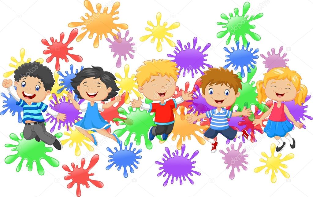 Cartoon little kids jumping together with collection of paint splash